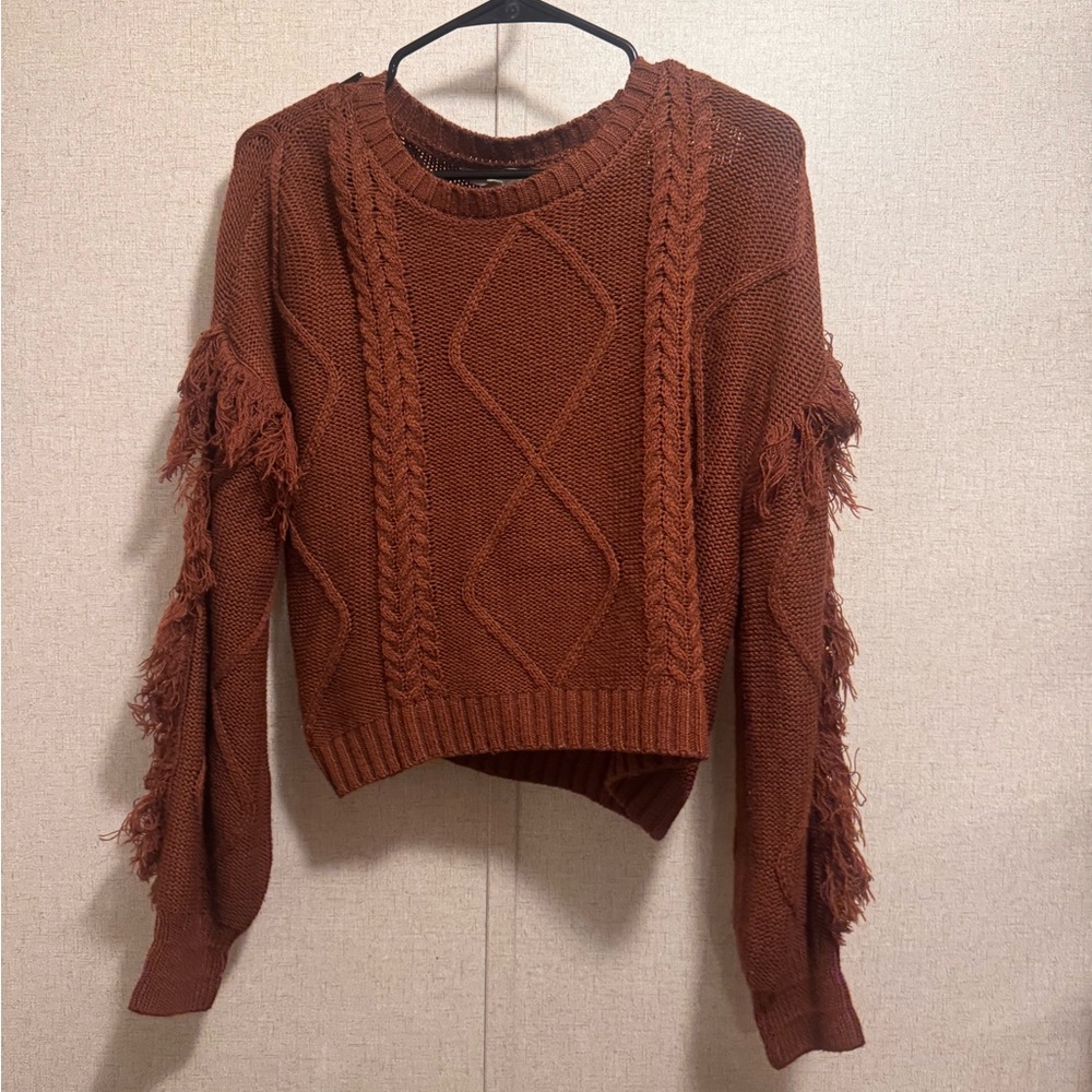 Terracotta Cable Knit Sweater with Fringe